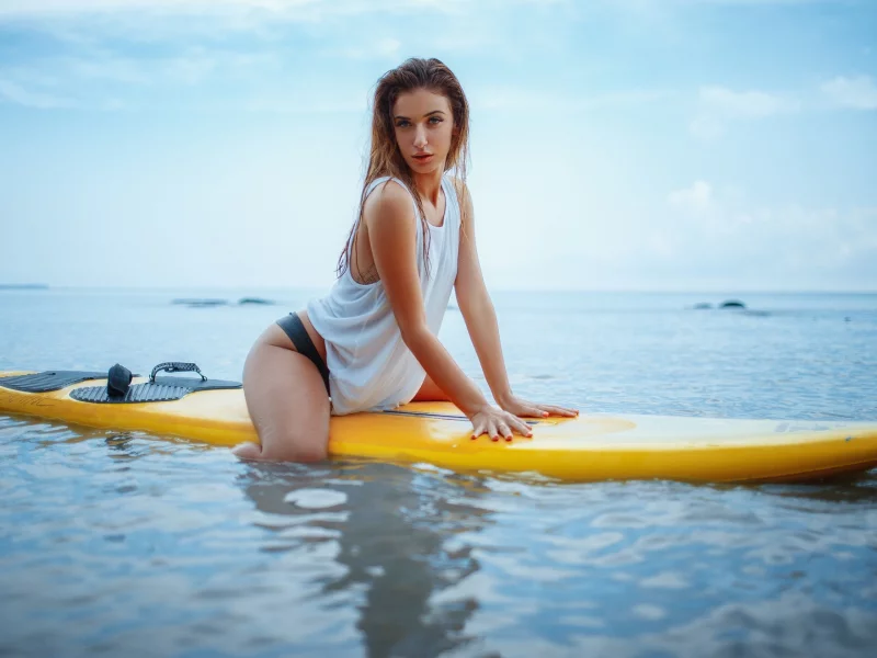girl, pretty, tshirt, surfing, sea, wet