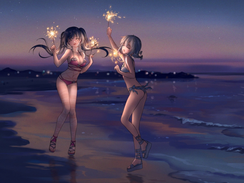 anime, girls, dance, sparkler, sea