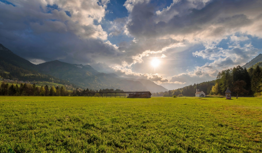 landscape, field, sky, sun, church