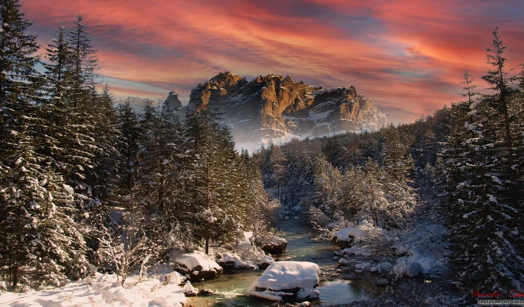 nature, forest, trees, river, mountain, rock, winter, snow