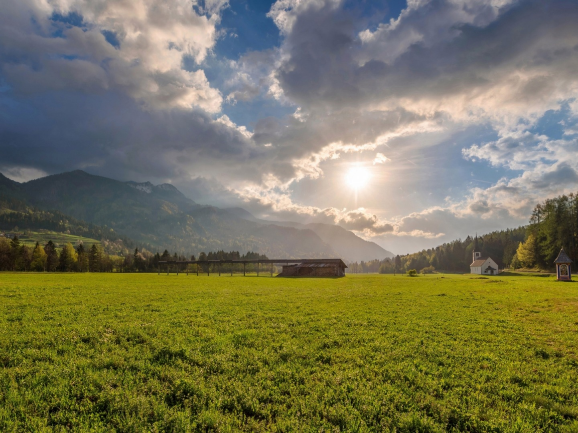 landscape, field, sky, sun, church