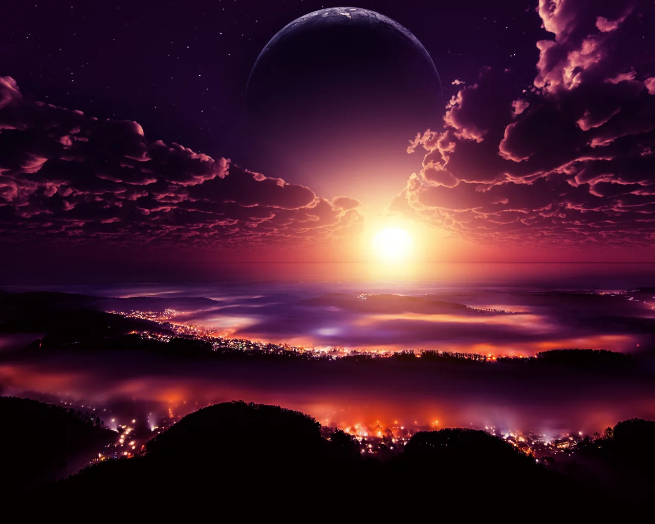 landscape, planet, night, lights, city, clouds