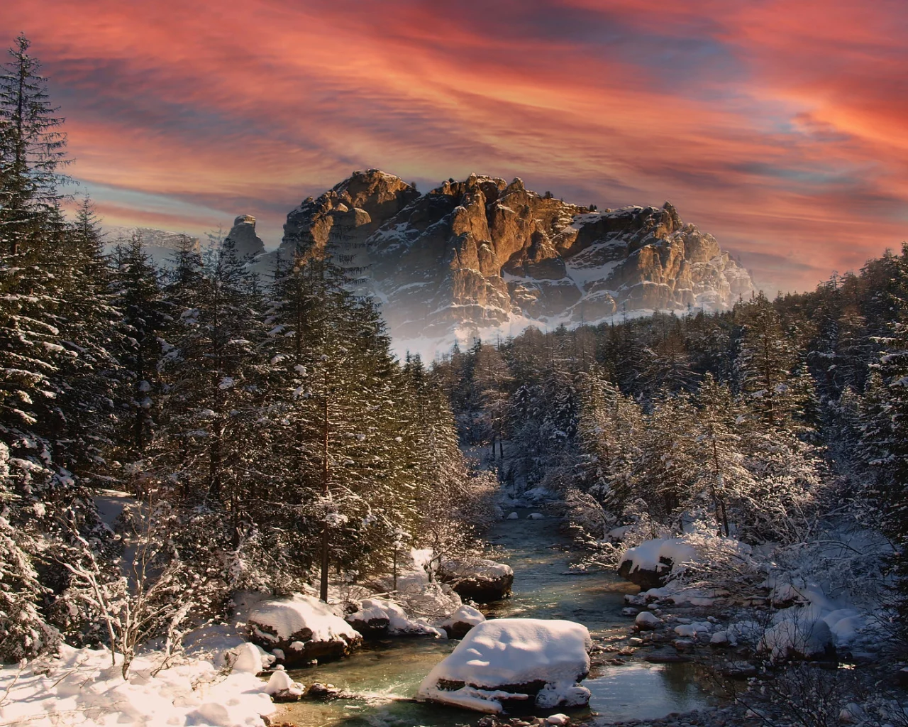 nature, forest, trees, river, mountain, rock, winter, snow