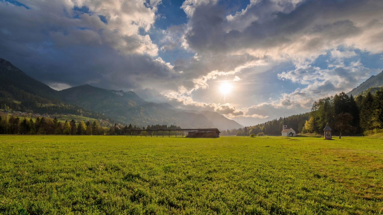 landscape, field, sky, sun, church