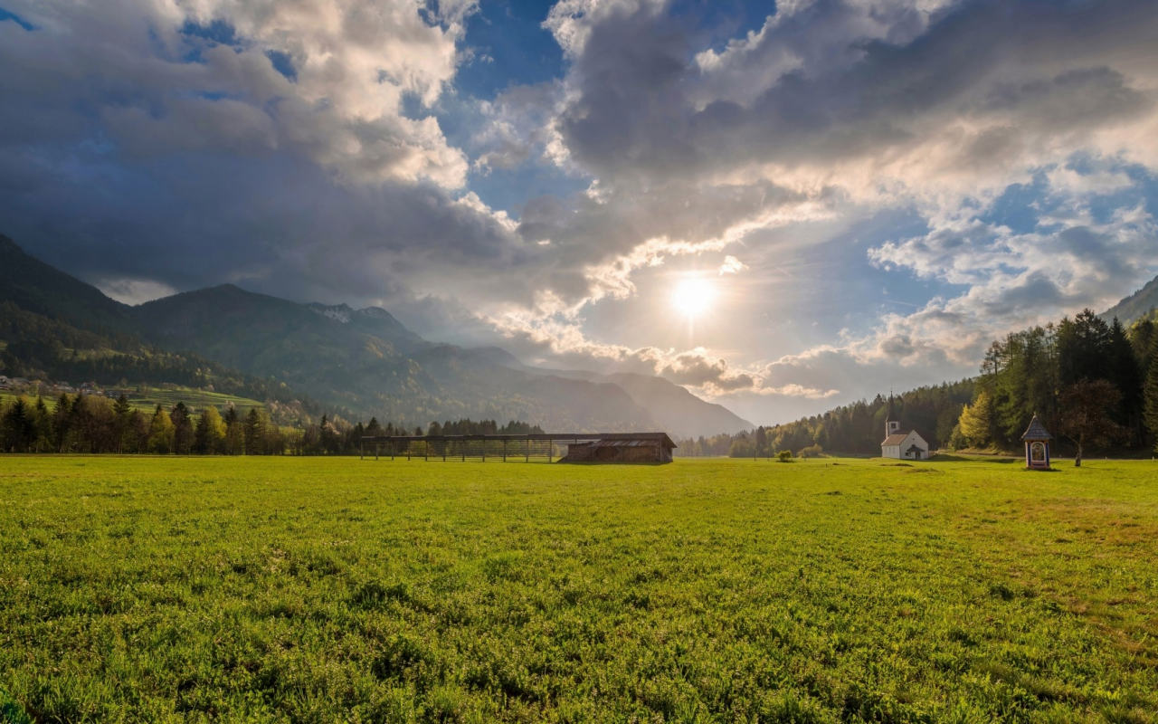 landscape, field, sky, sun, church