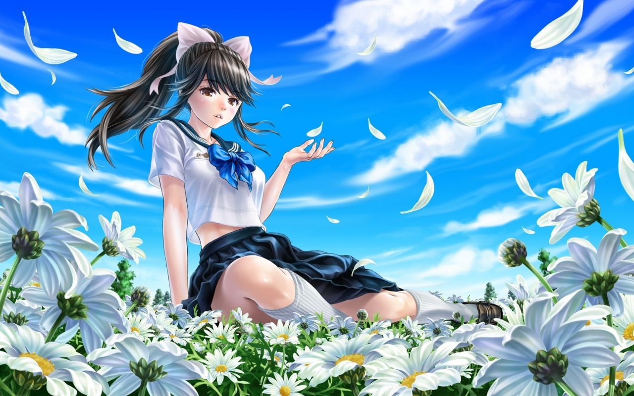 anime, girl, schoolgirl, flowers