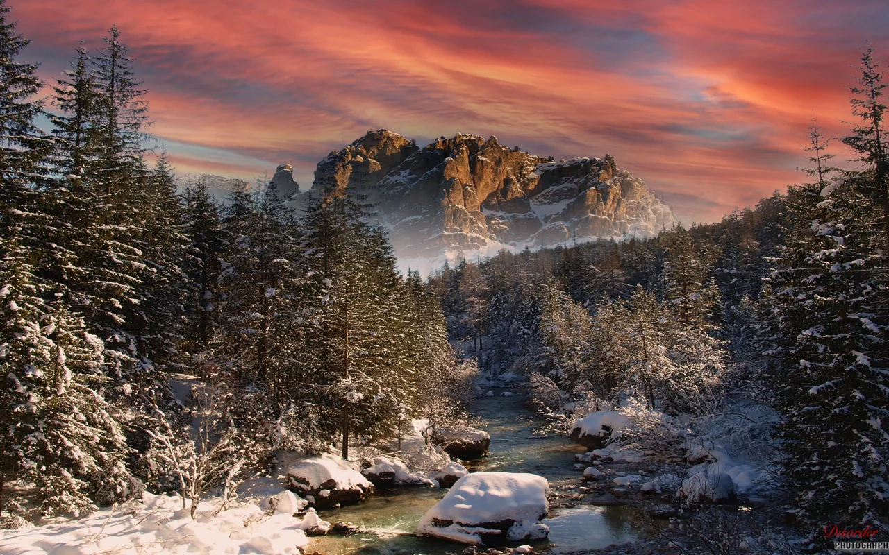 nature, forest, trees, river, mountain, rock, winter, snow