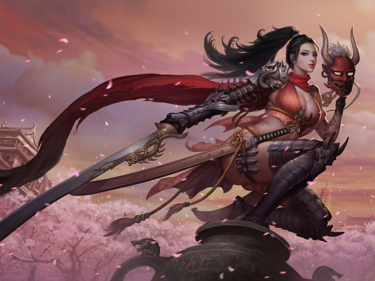 fantasy, girl, warrior, skull, sword