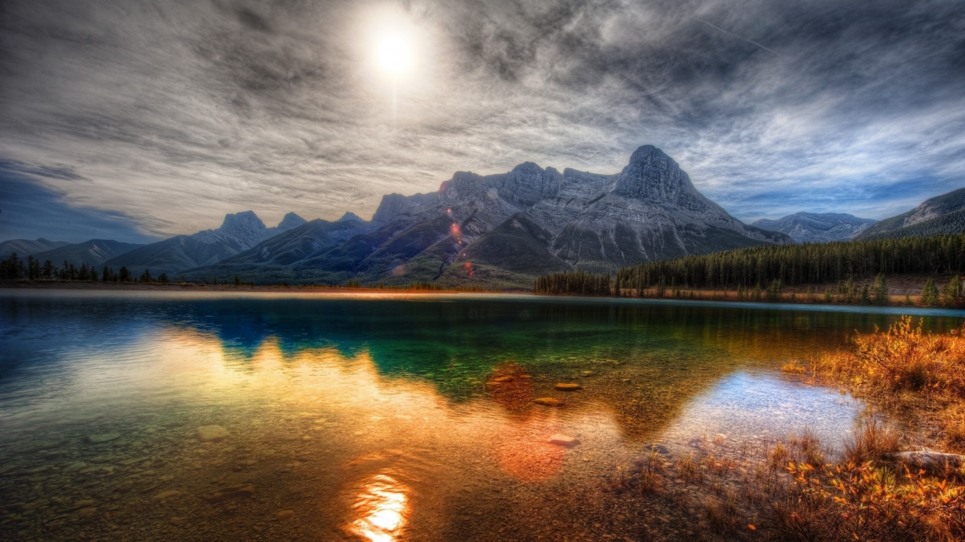 landscape, lake, sky, sun, mountains