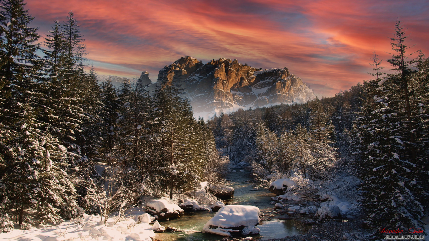 nature, forest, trees, river, mountain, rock, winter, snow