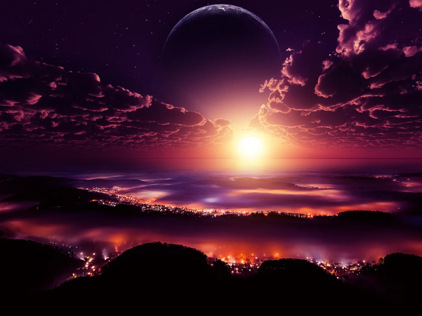 landscape, planet, night, lights, city, clouds