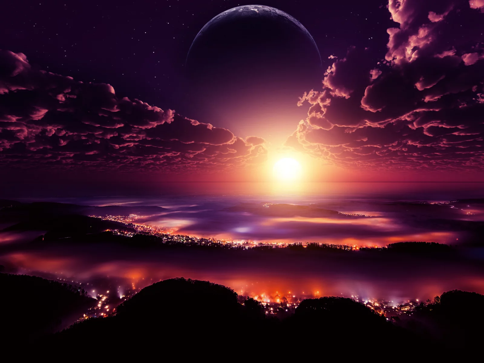 landscape, planet, night, lights, city, clouds