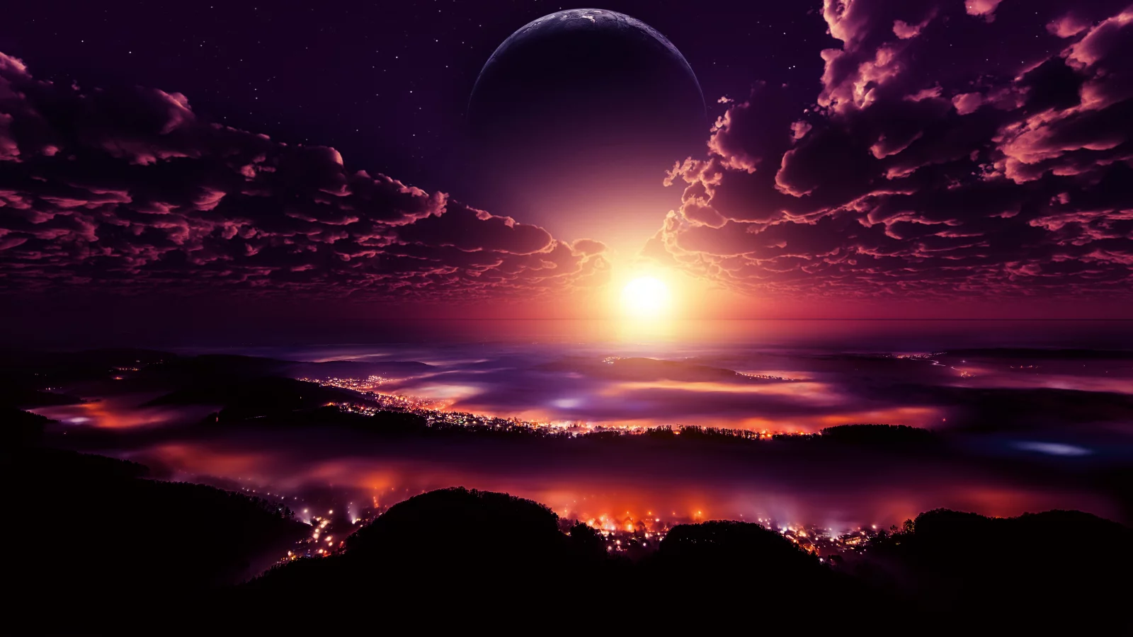 landscape, planet, night, lights, city, clouds