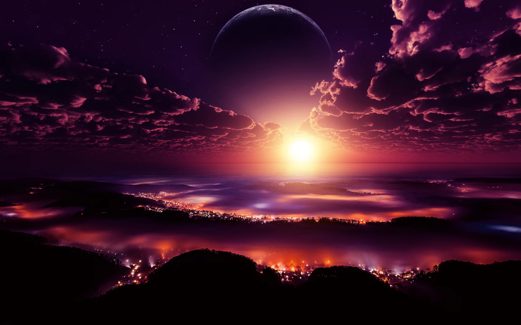 landscape, planet, night, lights, city, clouds