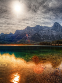 landscape, lake, sky, sun, mountains