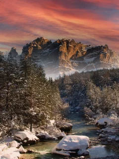 nature, forest, trees, river, mountain, rock, winter, snow
