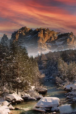 nature, forest, trees, river, mountain, rock, winter, snow