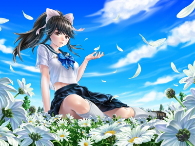 anime, girl, schoolgirl, flowers