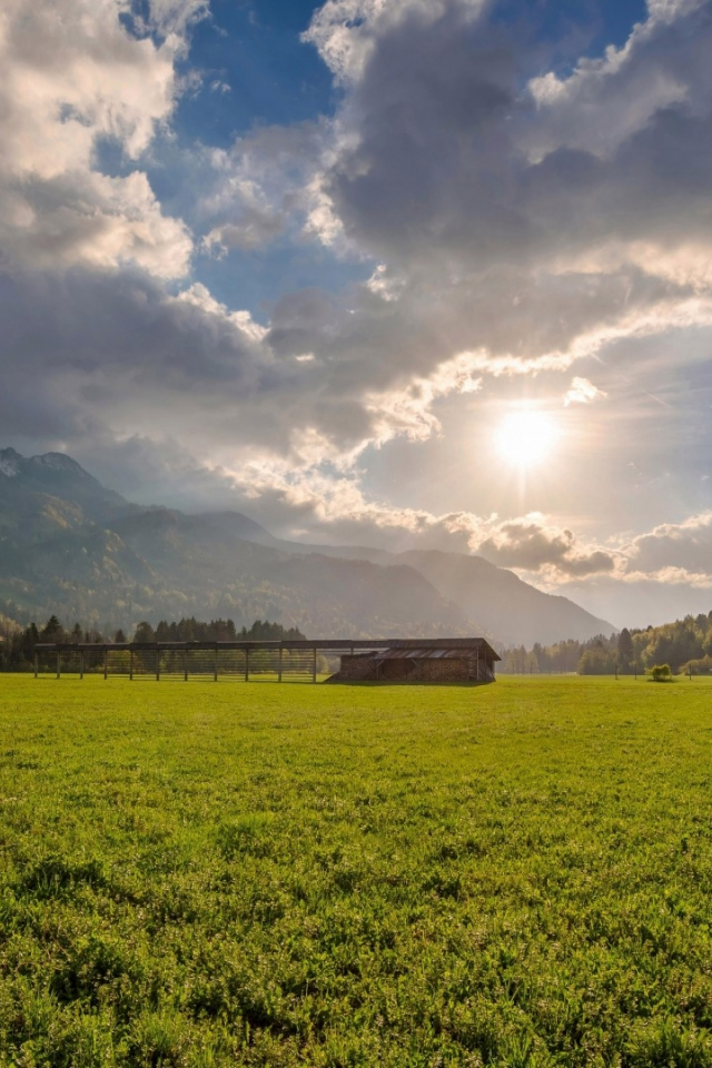 landscape, field, sky, sun, church