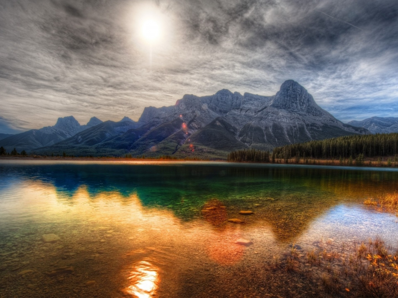 landscape, lake, sky, sun, mountains