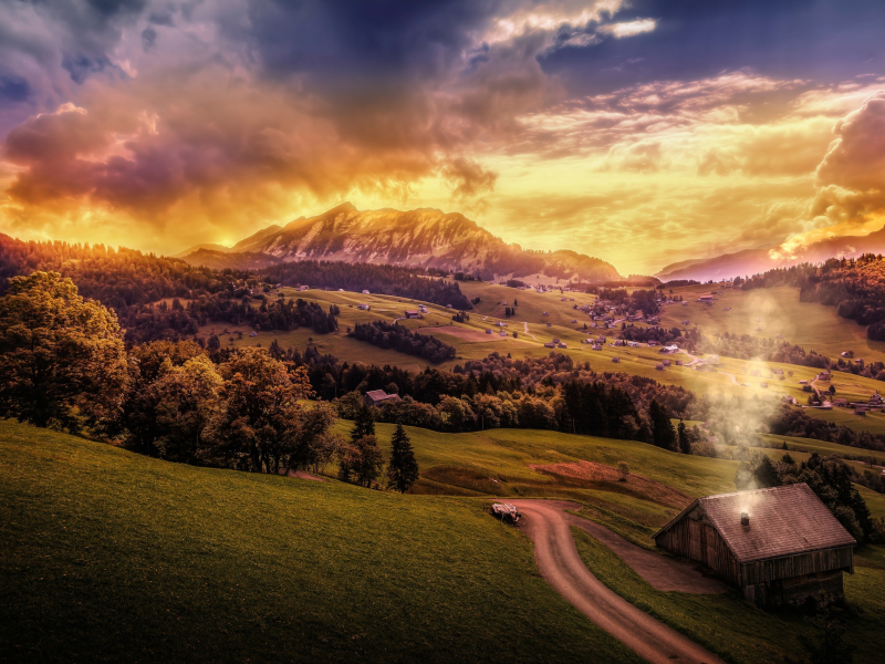 landscape, nature, hills, sky, village, house