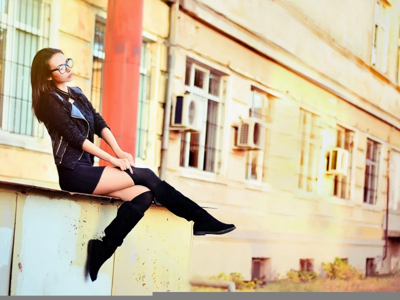 girl, sweet, beautiful, skirt, legs, boots, stockings, glasses