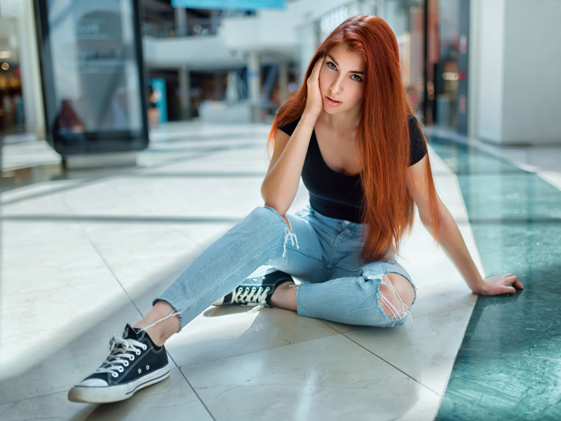 girl, beautiful, pretty, sexy, red, jeans, sneakers