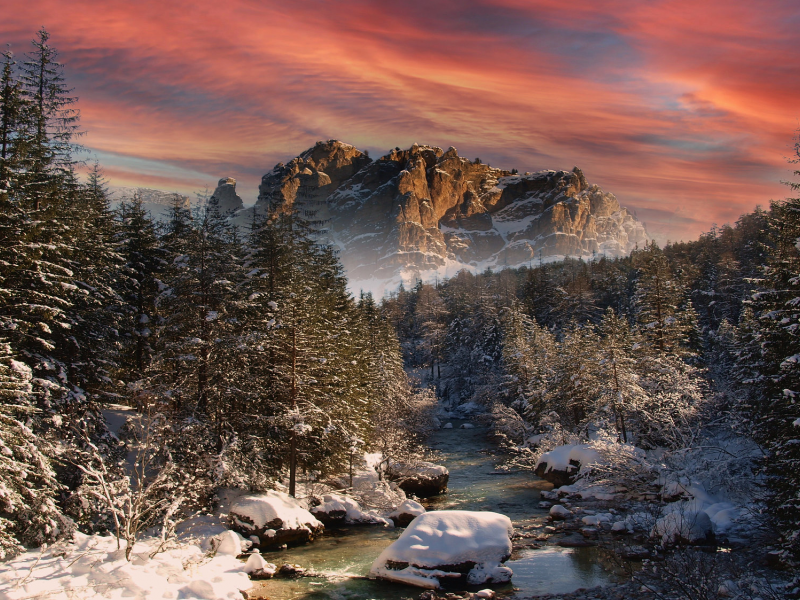 nature, forest, trees, river, mountain, rock, winter, snow