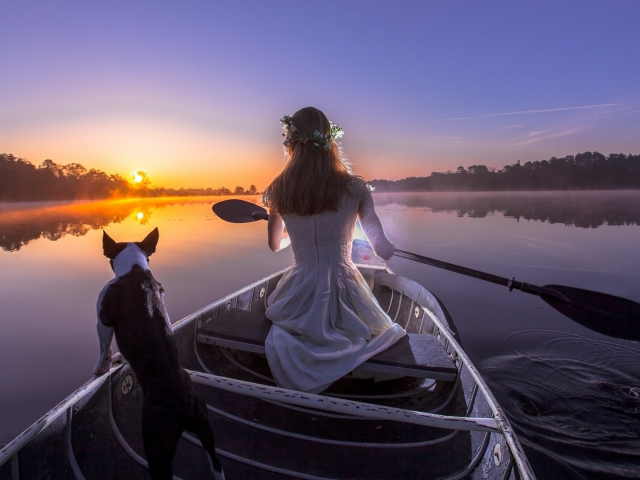 girl, boat, lake, dog