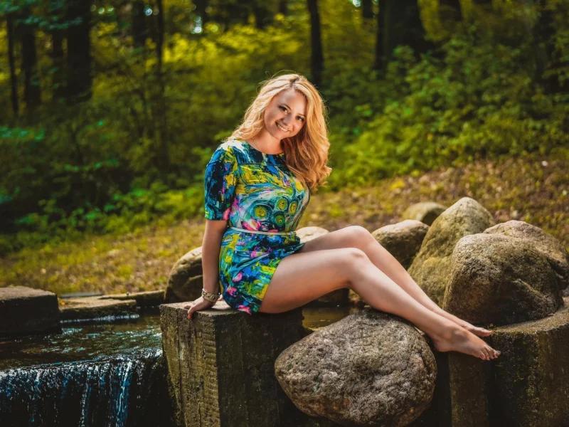 girl, beautiful, lake, stone