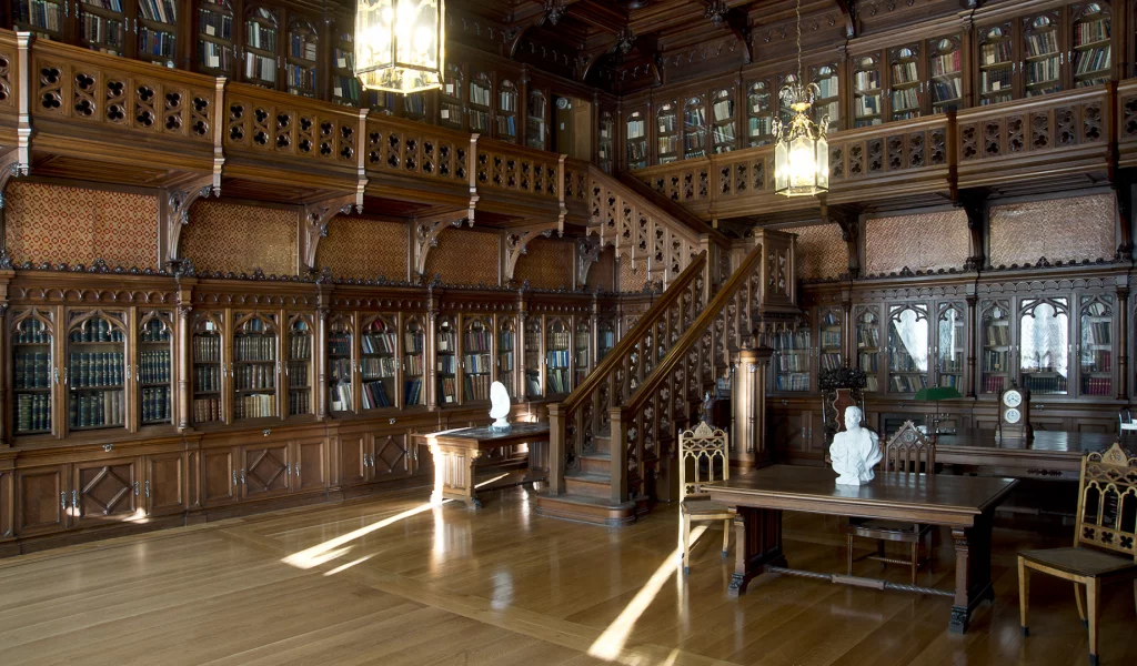 interior, library, books, stairs
