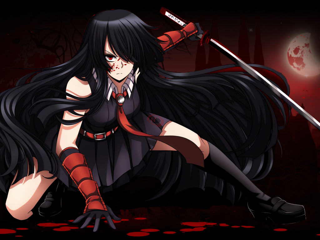 anime, girl, killer, sword, knee socks, skirt, blood