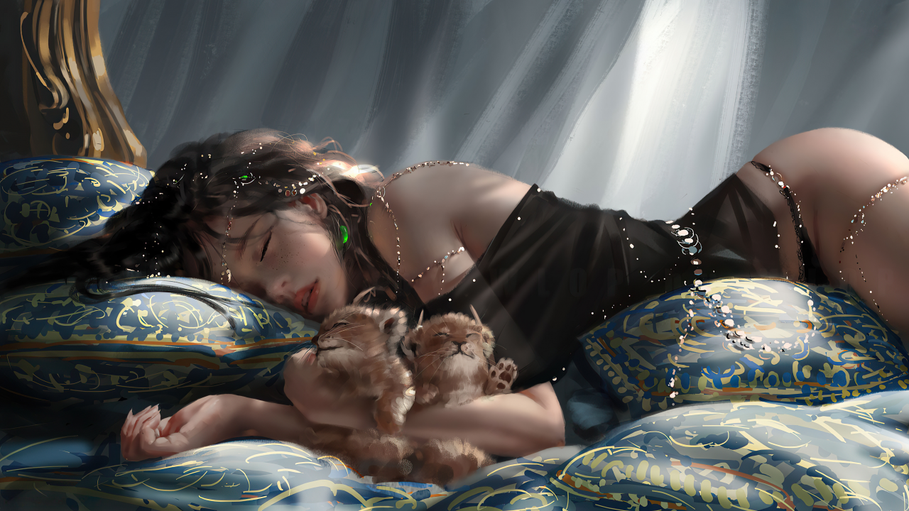 girl, beautiful, sleeping, lion cubs