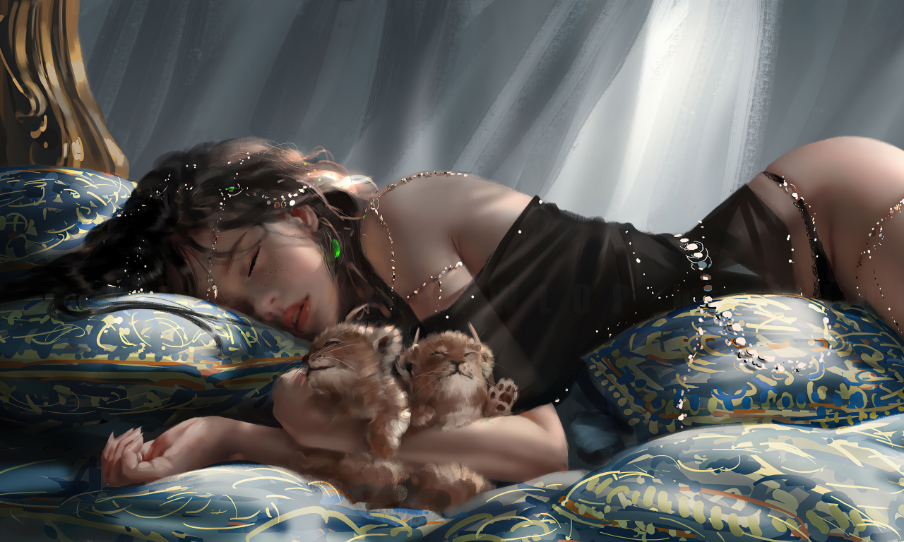 girl, beautiful, sleeping, lion cubs