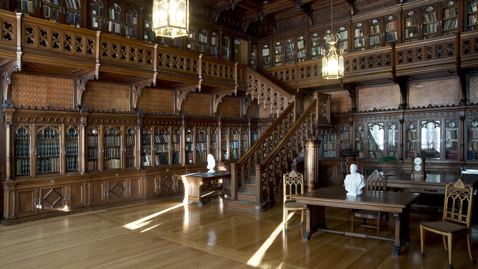 interior, library, books, stairs