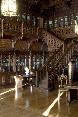 interior, library, books, stairs