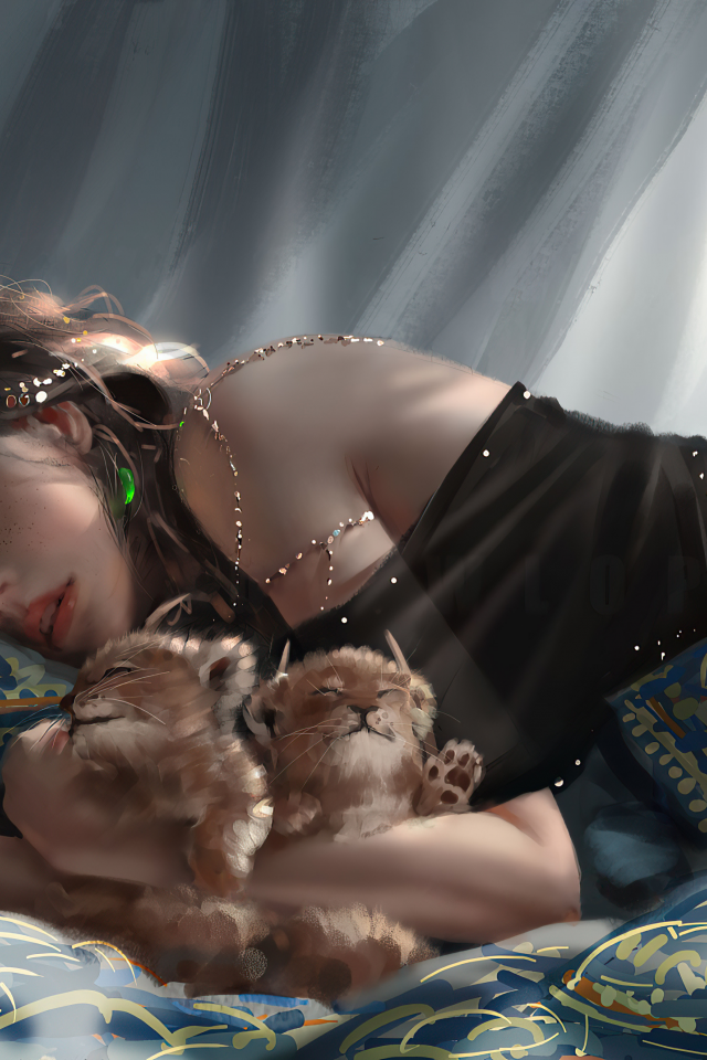 girl, beautiful, sleeping, lion cubs