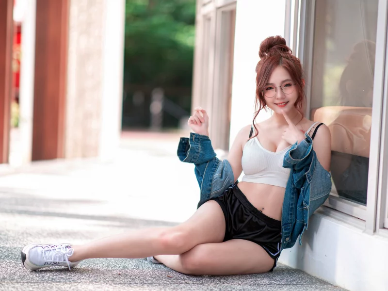 girl, beautiful, young, woman, redhead, smile, legs, asian, shorts, sneakers