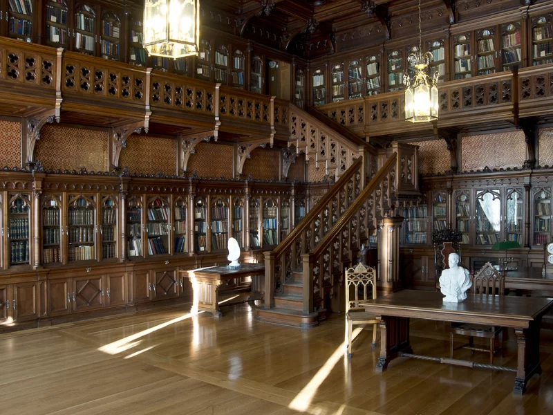 interior, library, books, stairs