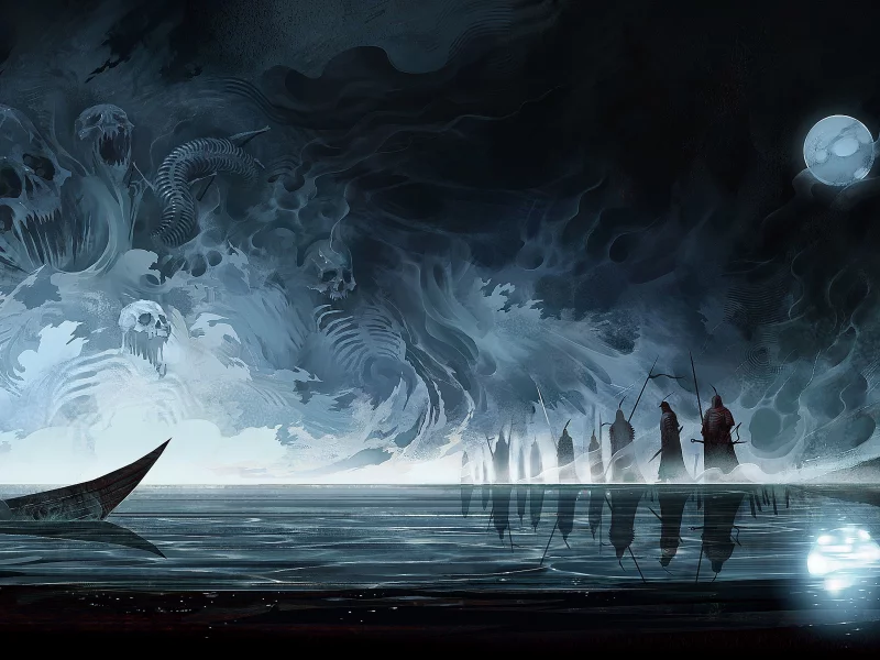 fantasy, night, monster, skull, boat