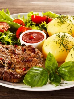 food, potatoes, meat, sauce, salad, dill