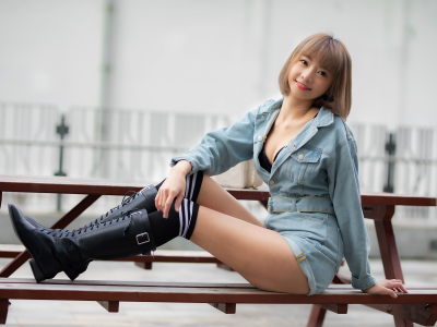 girl, sexy, asian, boots, smile