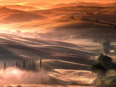 landscape, hills, fields, fog