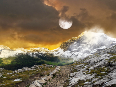 mountains, landscape, full moon, hiking, trail pathway, snow