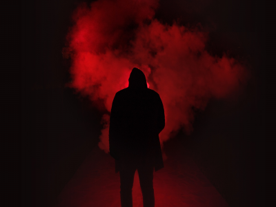 person, silhouette, red, smoke, dark, place, hoodie