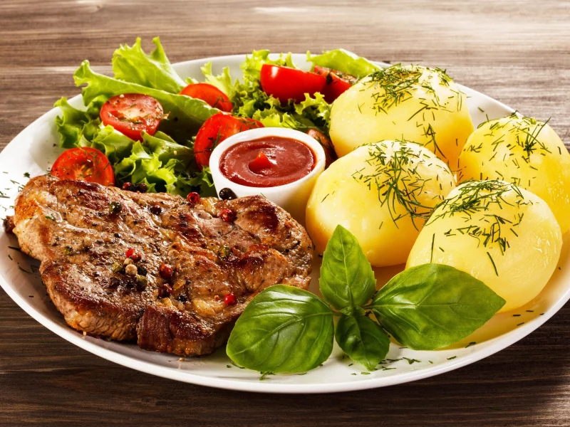 food, potatoes, meat, sauce, salad, dill