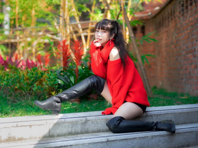girl, beautiful, asian, shorts, boots, sweater