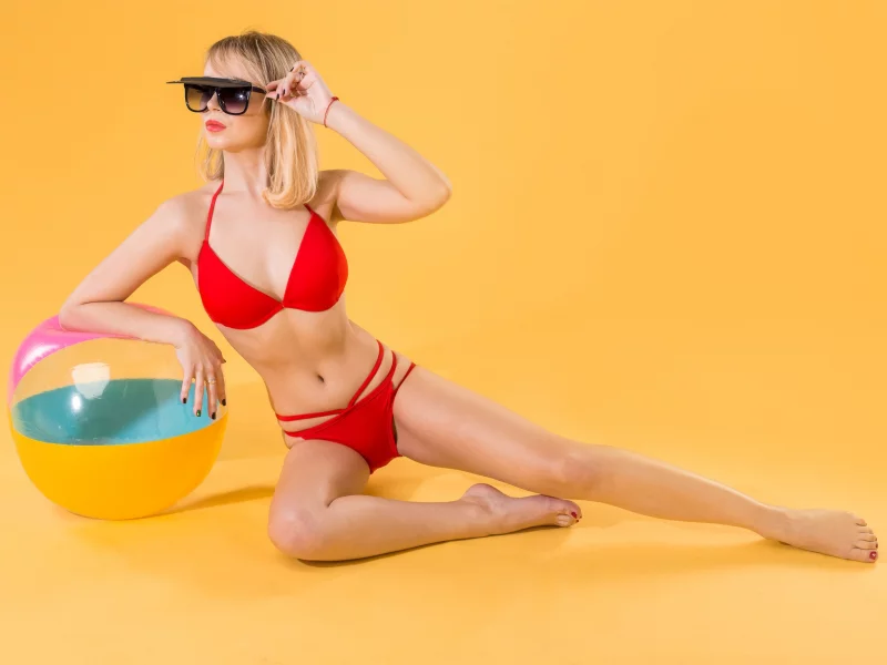 girl, sweet, slim, blonde, swimsuit, glasses, ball