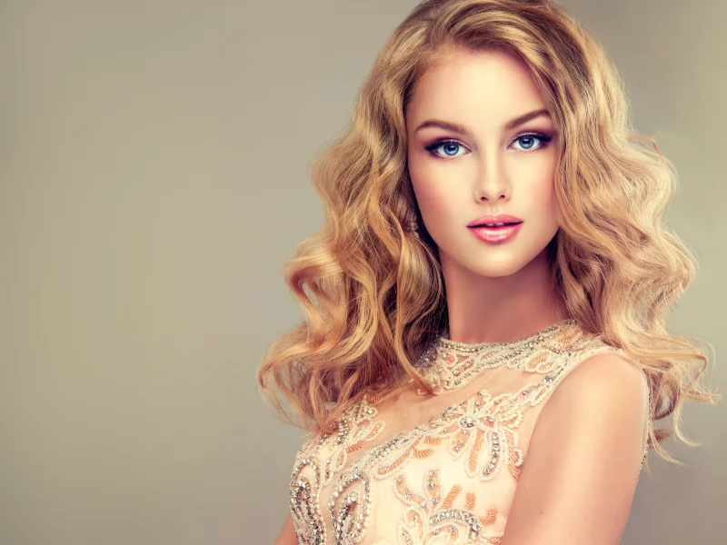woman, blonde, hair, curls, blue, eyes, dress, sight, cute, girl