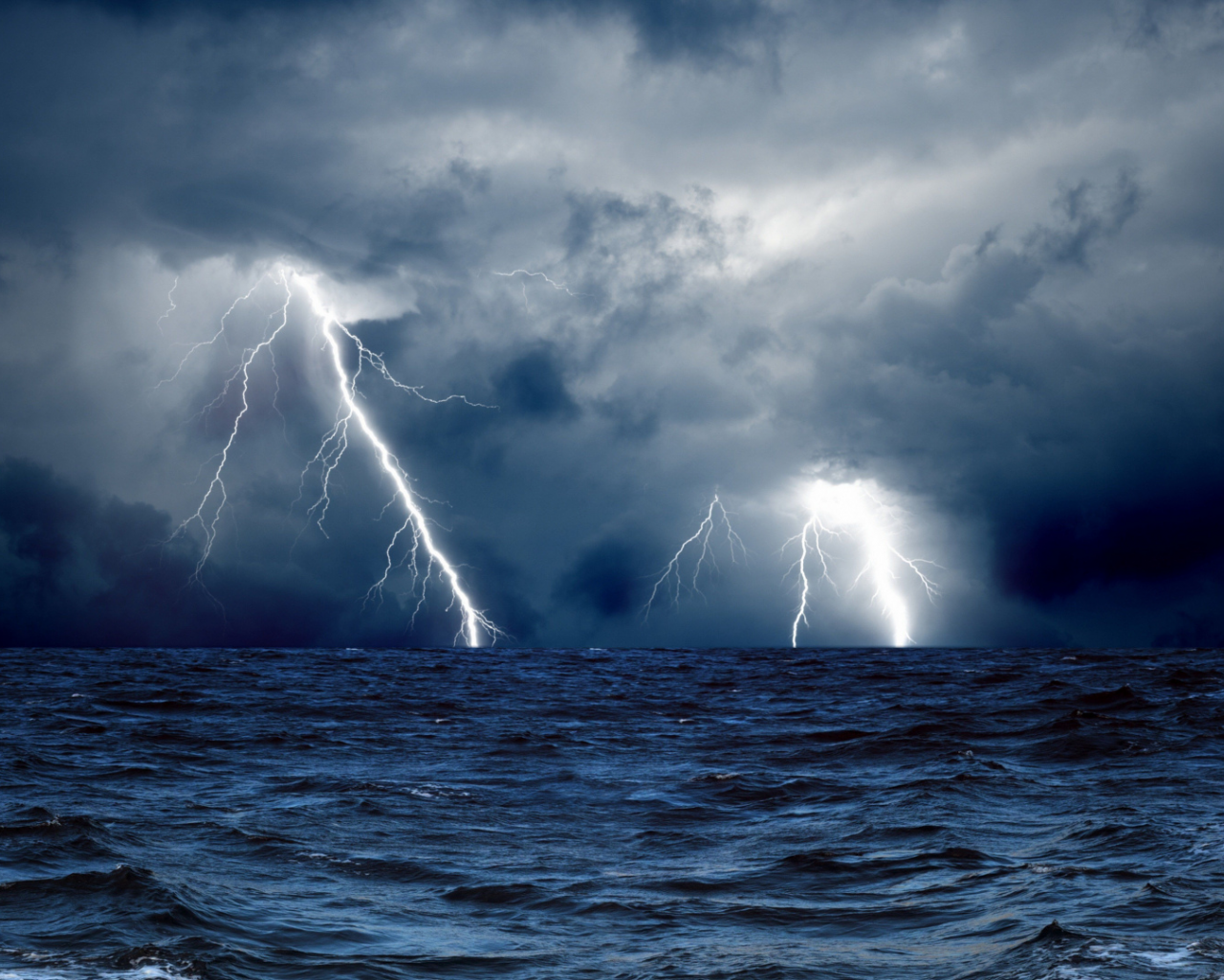 nature, sea, storm, lightning, wave